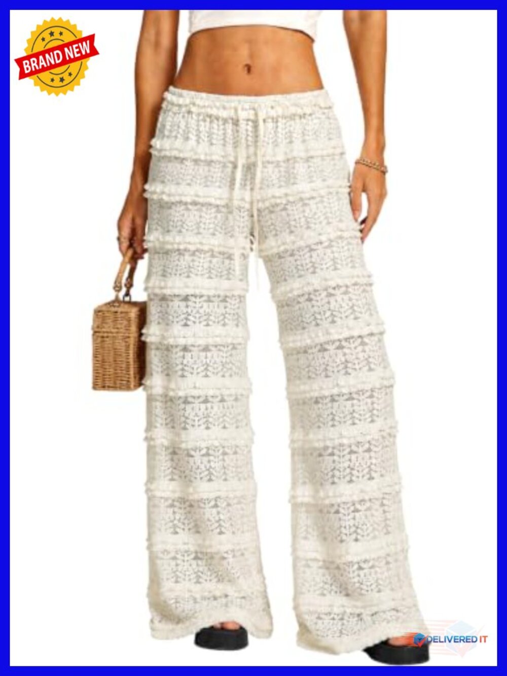 Boho Lace Pants, Ruffle Layered Elastic Waist Lightweight Summer Beach Pants